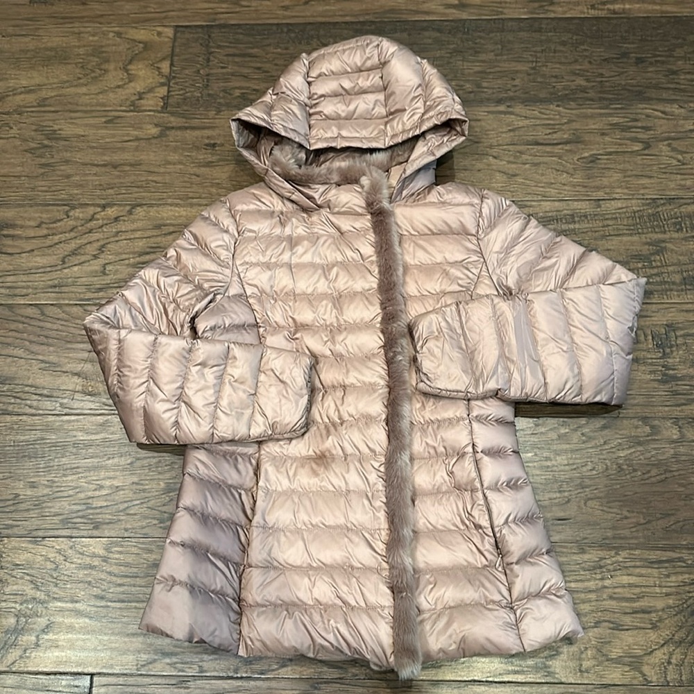 Cole Haan hooded down puffer jacket with faux fur trim